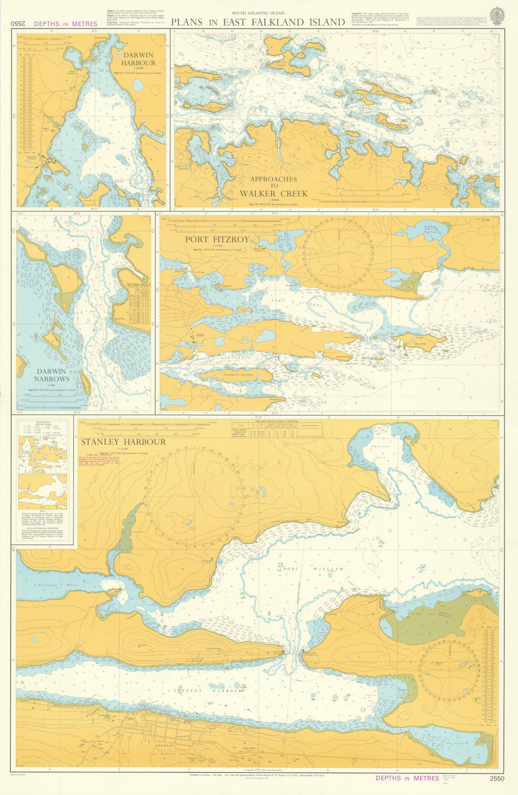 East Falkland Island harbours. Admiralty. Used in 1982 on HMS Glamorgan 1981 map